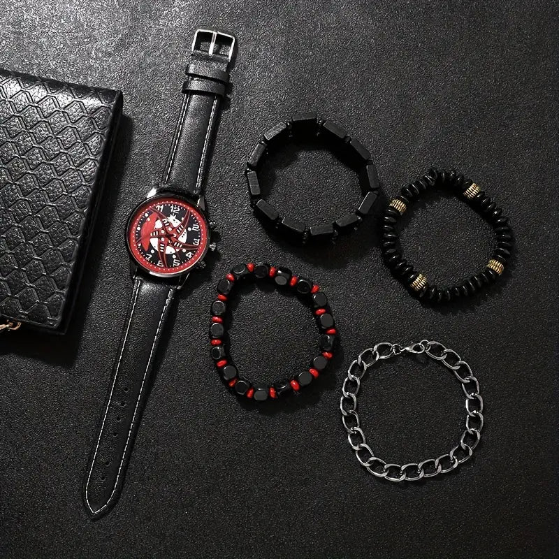 Fashionable And Casual PU Leather Strap Men's Quartz Watch & Daily Men's Bracelet Set
