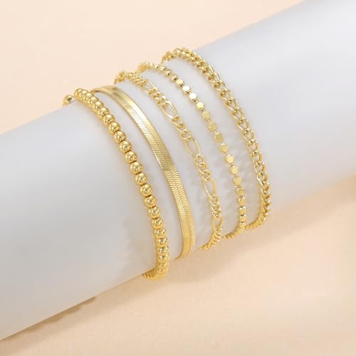 DEARMAY Gold Bracelets for Women Waterproof, 14K Real Gold Jewelry Sets for Women Trendy Thin Dainty Stackable Cuban Link Paperclip Chain Bracelet Pack Fashion Accessories Gifts for Womens