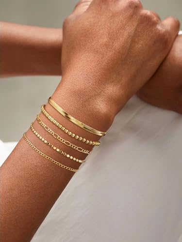 DEARMAY Gold Bracelets for Women Waterproof, 14K Real Gold Jewelry Sets for Women Trendy Thin Dainty Stackable Cuban Link Paperclip Chain Bracelet Pack Fashion Accessories Gifts for Womens