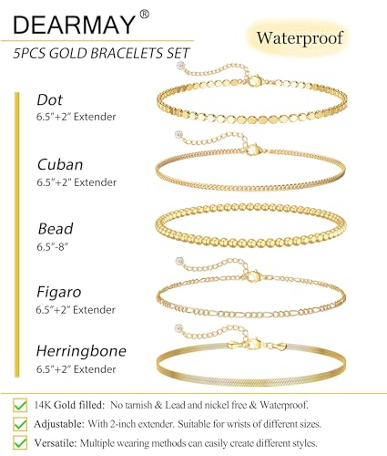 DEARMAY Gold Bracelets for Women Waterproof, 14K Real Gold Jewelry Sets for Women Trendy Thin Dainty Stackable Cuban Link Paperclip Chain Bracelet Pack Fashion Accessories Gifts for Womens