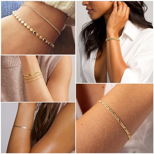 DEARMAY Gold Bracelets for Women Waterproof, 14K Real Gold Jewelry Sets for Women Trendy Thin Dainty Stackable Cuban Link Paperclip Chain Bracelet Pack Fashion Accessories Gifts for Womens