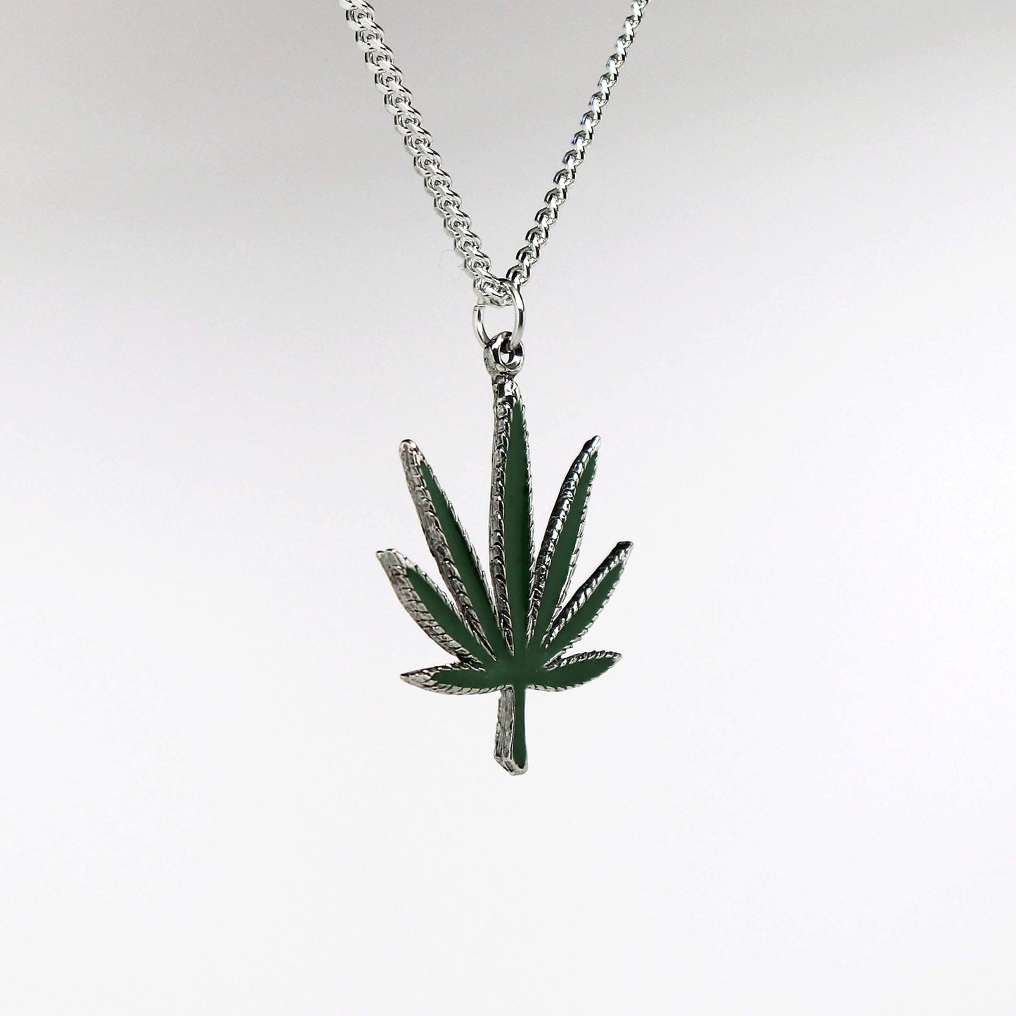 Marijuana Weed Pot Leaf Green Enamel on Silver Finish Pewter Pendant Necklace