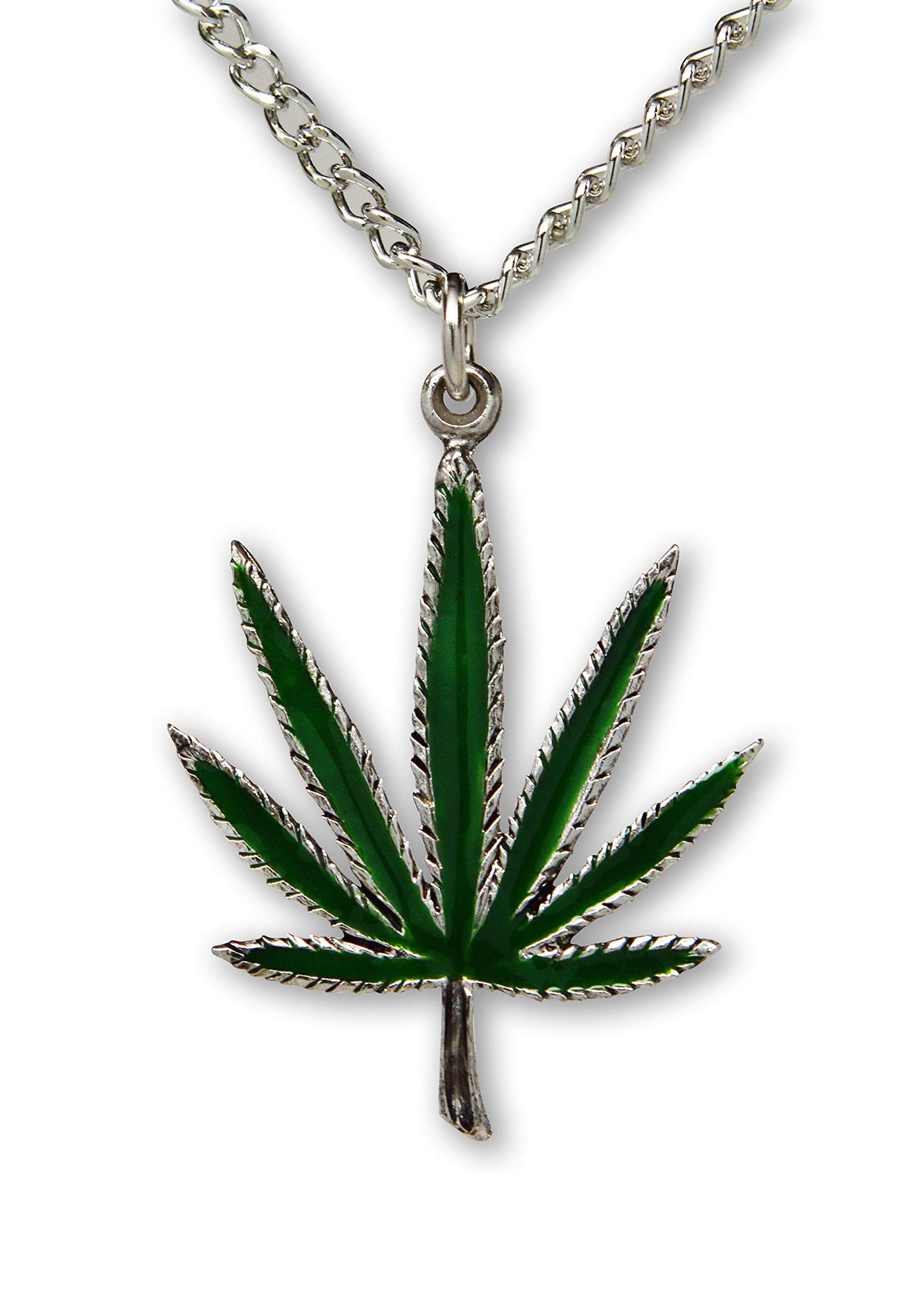 Marijuana Weed Pot Leaf Green Enamel on Silver Finish Pewter Pendant Necklace