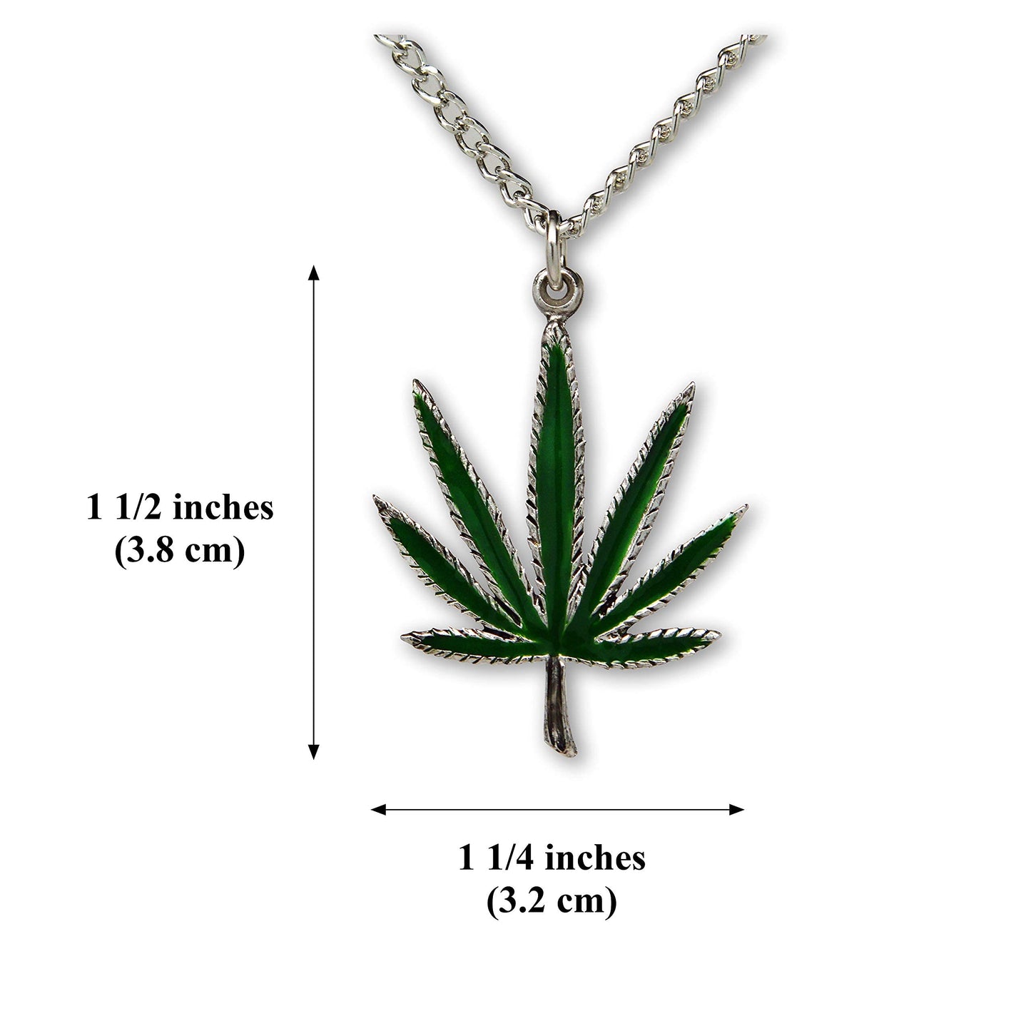 Marijuana Weed Pot Leaf Green Enamel on Silver Finish Pewter Pendant Necklace