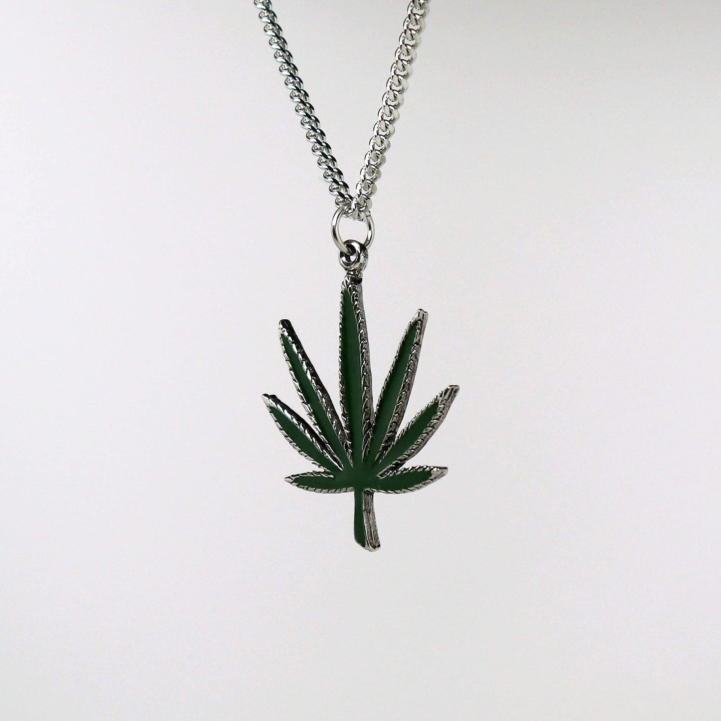 Marijuana Weed Pot Leaf Green Enamel on Silver Finish Pewter Pendant Necklace