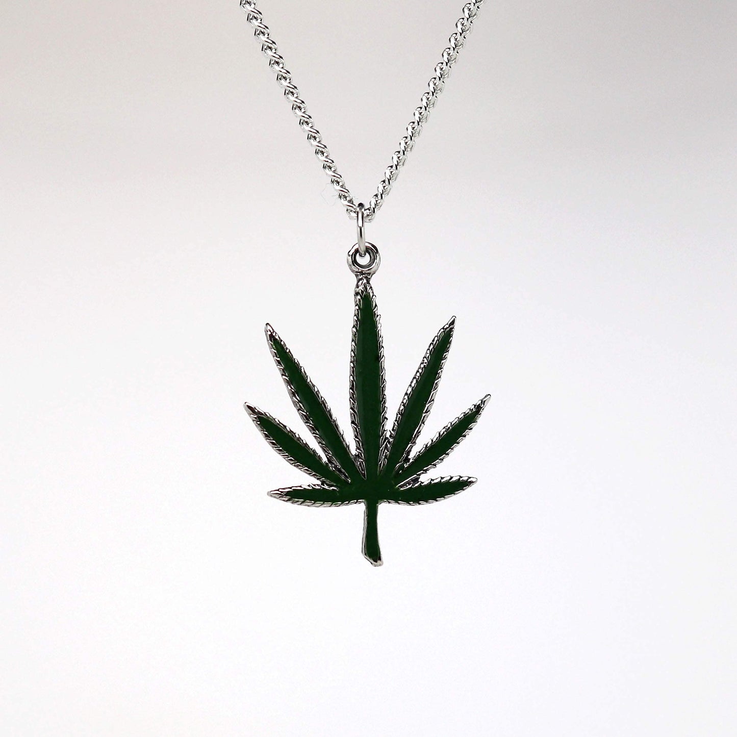 Marijuana Weed Pot Leaf Green Enamel on Silver Finish Pewter Pendant Necklace