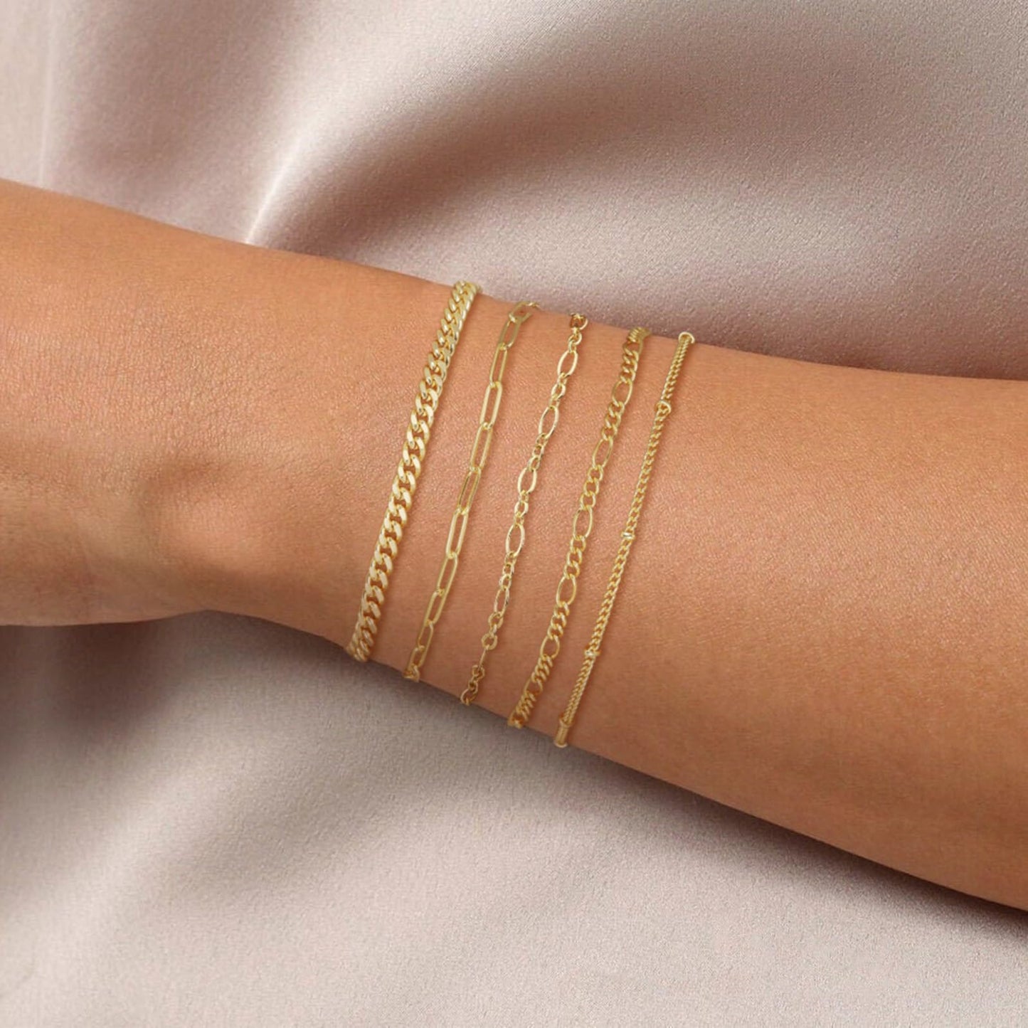 DEARMAY Gold Bracelets for Women Waterproof, 14K Real Gold Jewelry Sets for Women Trendy Thin Dainty Stackable Cuban Link Paperclip Chain Bracelet Pack Fashion Accessories Gifts for Womens