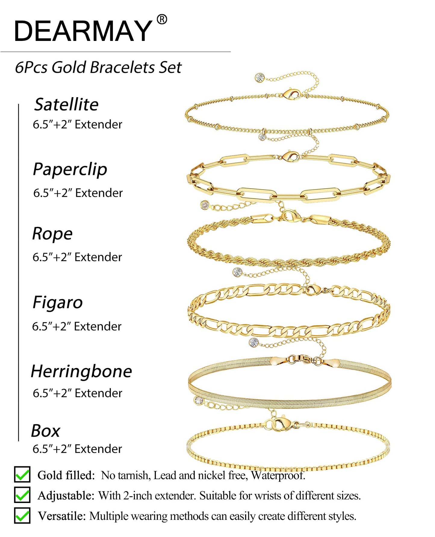 DEARMAY Gold Bracelets for Women Waterproof, 14K Real Gold Jewelry Sets for Women Trendy Thin Dainty Stackable Cuban Link Paperclip Chain Bracelet Pack Fashion Accessories Gifts for Womens