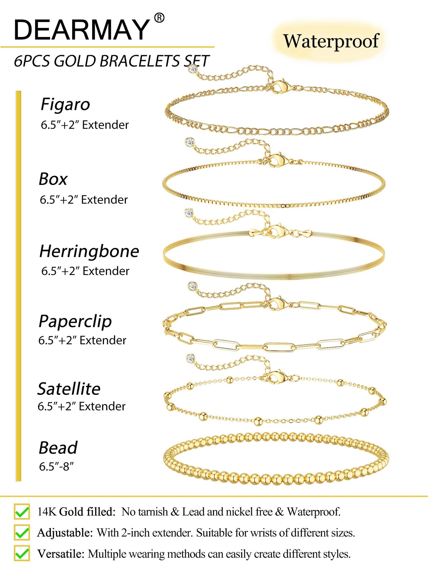 DEARMAY Gold Bracelets for Women Waterproof, 14K Real Gold Jewelry Sets for Women Trendy Thin Dainty Stackable Cuban Link Paperclip Chain Bracelet Pack Fashion Accessories Gifts for Womens