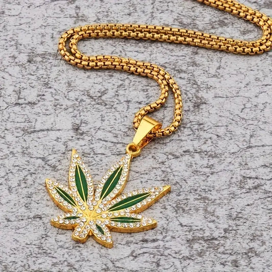 Trendy Rhinestone Studded Weed Leaf Pendant Necklace